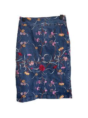 Maeve Anthropologie Size 0 Floral Embroidered Stretch Denim Pencil Skirt Boho